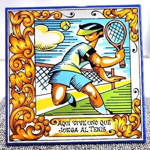 Spanish Ceramic Tile Aqui Vive uno que juega al Tenis 8" Square S’Artef